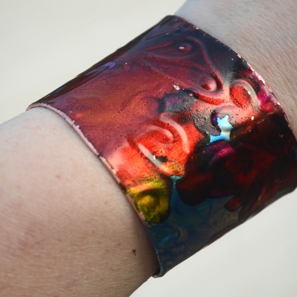 Psychedelic Hippie Copper Cuff Butterfly Bracelet Trippy Red Blue Painted OOAK - Picture 1 of 8
